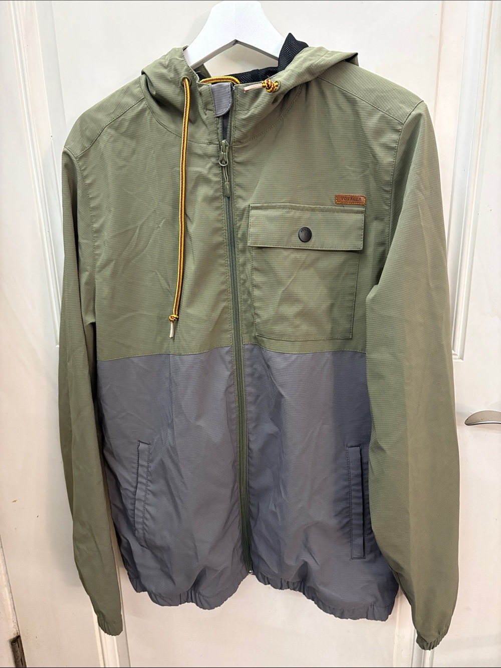 Men's Hooded Two-Tone Windbreaker Jacket in Olive & Gray